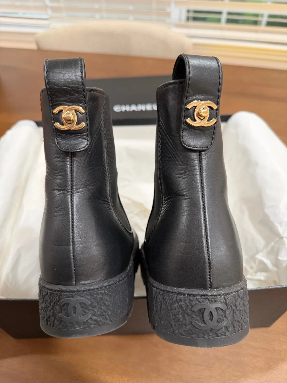CHANEL Black Leather Platform Chelsea Booties with CC Toe Motif - Picture 11 of 12